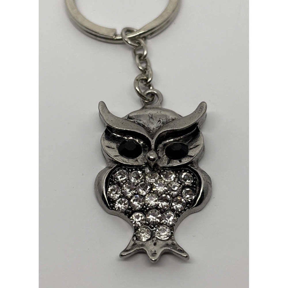 Metal Silver Color Own Keychain Rhinestones Black Onyx Eyes Purse‎ Key Fob